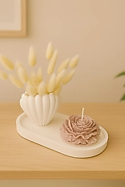 Pembe şakayık istiridye vazo mum seti