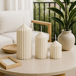 Çizgili Silindir mum 3'lü set Dekoratif Mum
